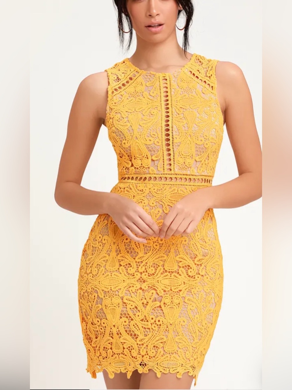 Lulus Dream Life Yellow Lace Bodycon Dress Medium Crochet Sleeveless Cocktail